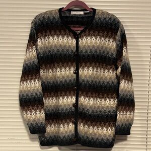 Lise J. Women’s Cardigan Brown,  Gray and Cream fair isle Patterned. Size M